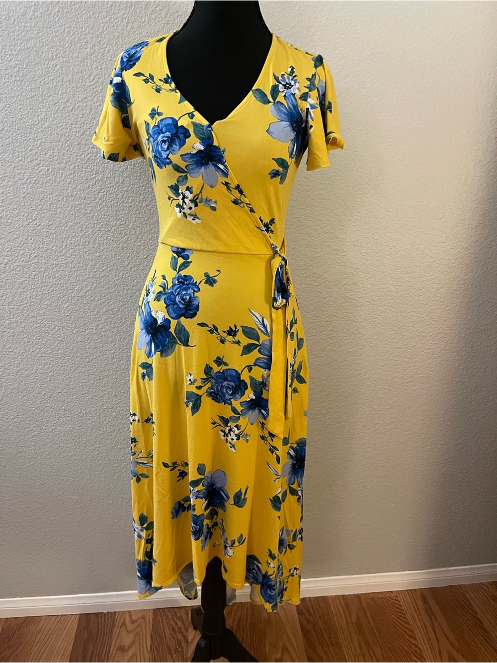 by & by Yellow Wrap Midi Dress with Blue Floral Print